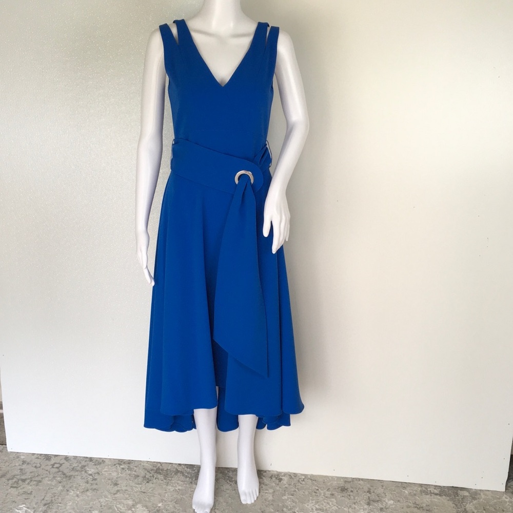 NWT Karen Millen Women’s Midi Asymmetrical Ruffle Dress Blue Royal Size 6